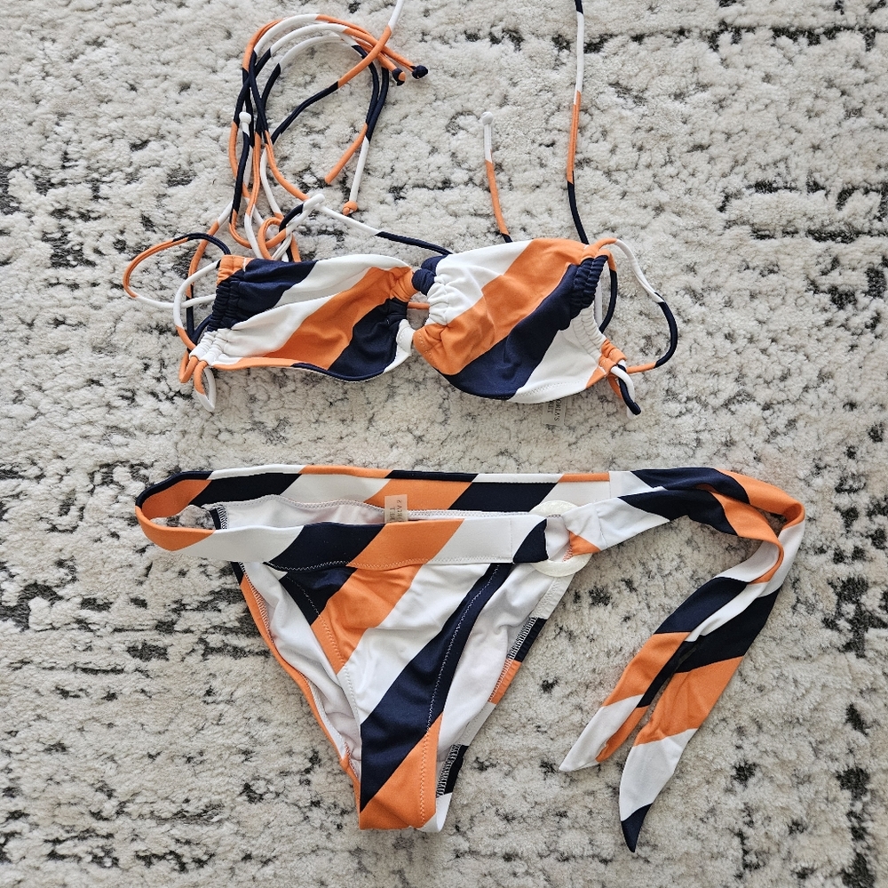 Victoria's Secret Striped Bikini Set in Orange, Navy, and White - XS